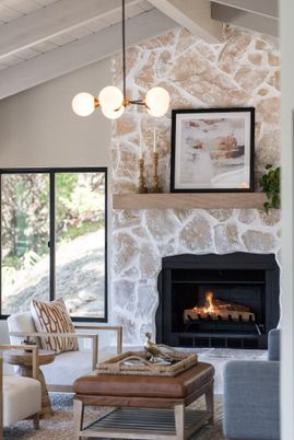 Fireplace, Interior, Living room, Pendant Lights, Stone Walls