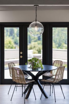 Dining room, Interior, Pendant Lights, Wood Texture Flooring