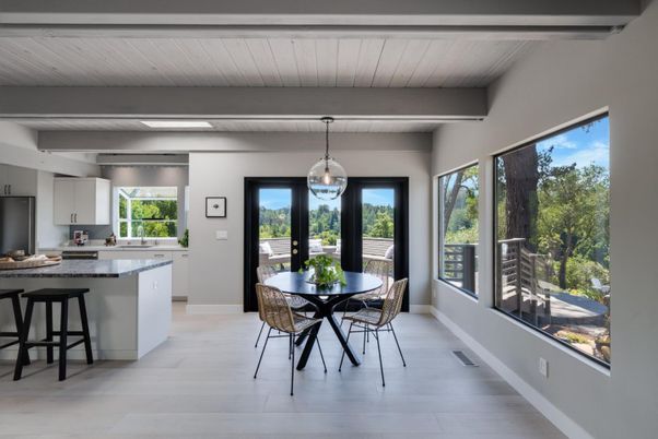 Dining room, Interior, Kitchen, Pendant Lights, Wood Texture Flooring