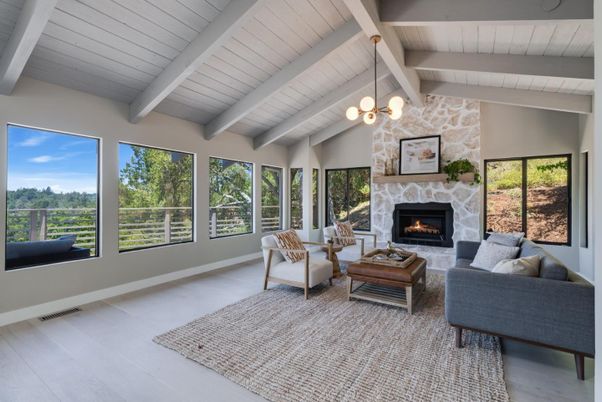 Fireplace, Interior, Living room, Pendant Lights, Wood Texture Flooring