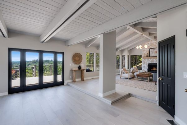 Fireplace, Interior, Living room, Pendant Lights, Wood Texture Flooring