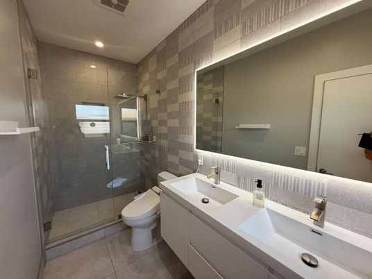 Bathroom, Dual Sink Vanities, Glass Shower, Interior, Recessed Lighting