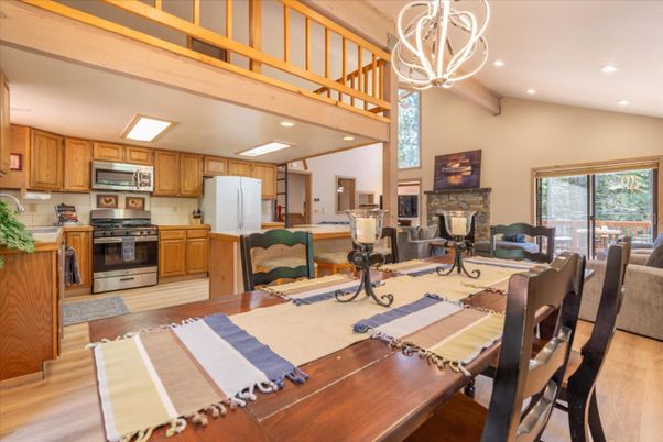 Dining room, Fireplace, Interior, Kitchen, Recessed Lighting, Stainless Steel Appliances, Wood Texture Flooring
