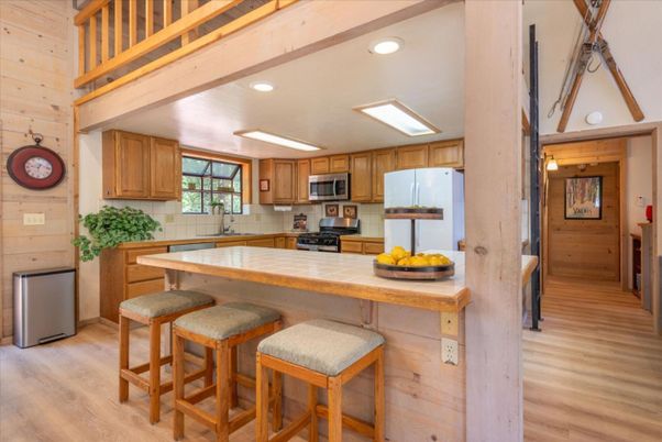 Interior, Kitchen, Recessed Lighting, Wood Texture Flooring, Wooden Walls