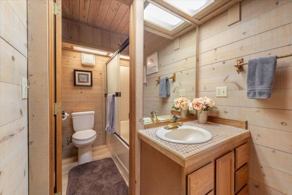Bathroom, Interior, Tile Countertops, Wooden Ceilings, Wood Texture Flooring, Wooden Walls