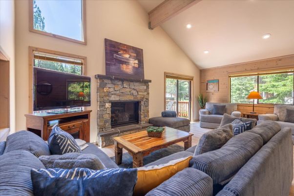 Fireplace, Interior, Living room, Recessed Lighting, Wooden Beams