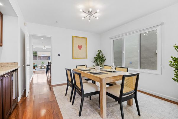 Dining room, Interior, Pendant Lights, Recessed Lighting, Wood Texture Flooring