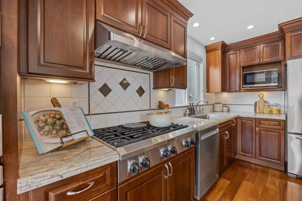 Interior, Kitchen, Recessed Lighting, Stainless Steel Appliances, Wood Texture Flooring