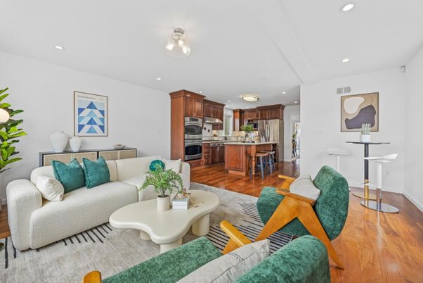 Interior, Kitchen, Living room, Recessed Lighting, Stainless Steel Appliances, Wood Texture Flooring