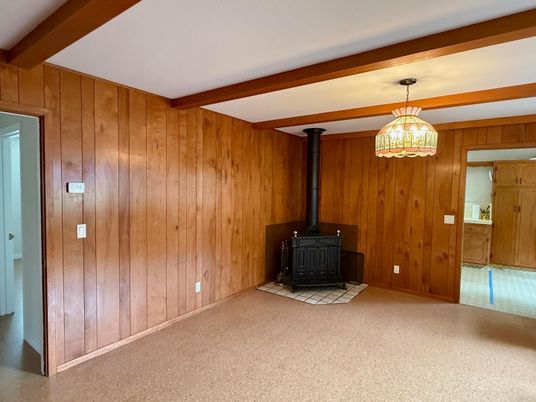 Empty room, Fireplace, Interior, Pendant Lights, Wooden Walls