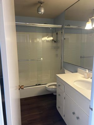 Bathroom, Glass Shower, Interior, Wood Texture Flooring