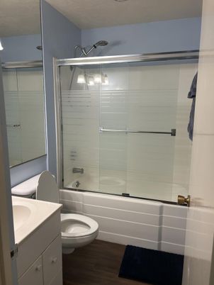 Bathroom, Glass Shower, Interior, Wood Texture Flooring