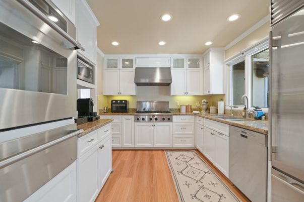 Interior, Kitchen, Recessed Lighting, Stainless Steel Appliances, Wood Texture Flooring