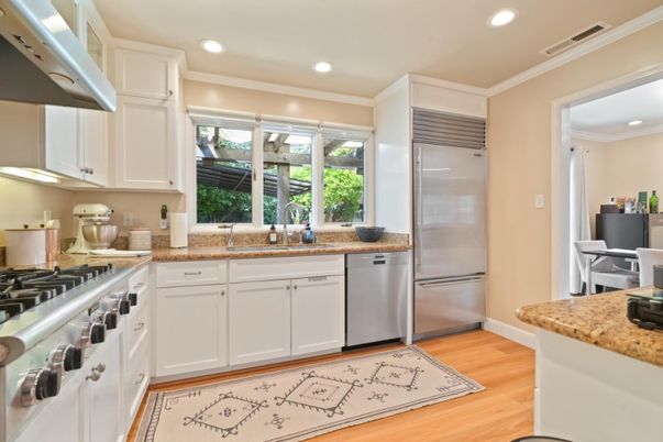 Interior, Kitchen, Recessed Lighting, Stainless Steel Appliances, Wood Texture Flooring