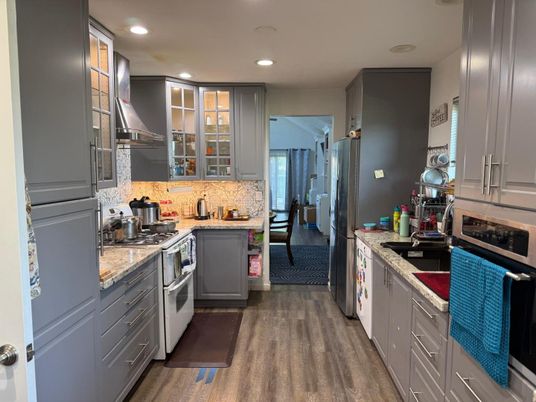 Interior, Kitchen, Recessed Lighting, Stainless Steel Appliances, Wood Texture Flooring