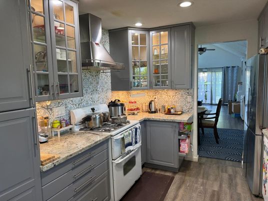 Dining room, Interior, Kitchen, Recessed Lighting, Wood Texture Flooring