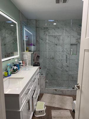 Bathroom, Dual Sink Vanities, Glass Shower, Interior, Marble Walls