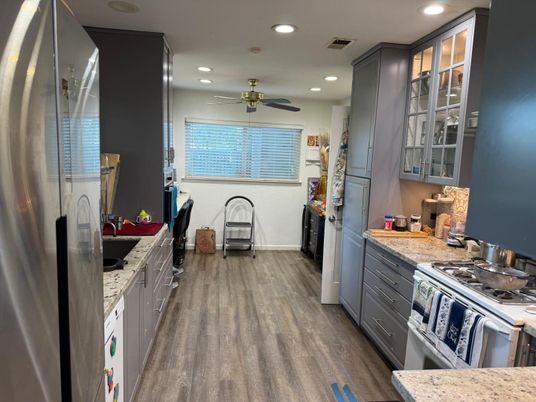 Interior, Kitchen, Recessed Lighting, Wood Texture Flooring