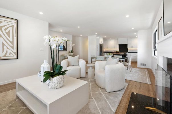 Dining room, Interior, Kitchen, Living room, Recessed Lighting, Stainless Steel Appliances, Wood Texture Flooring
