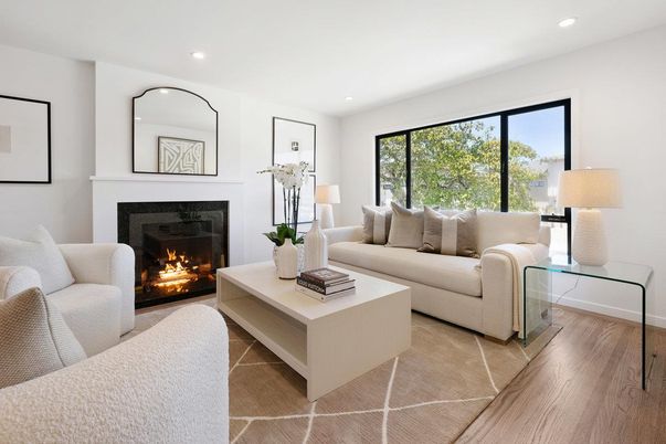 Fireplace, Interior, Living room, Recessed Lighting, Wood Texture Flooring
