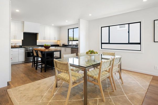 Dining room, Interior, Kitchen, Recessed Lighting, Wood Texture Flooring