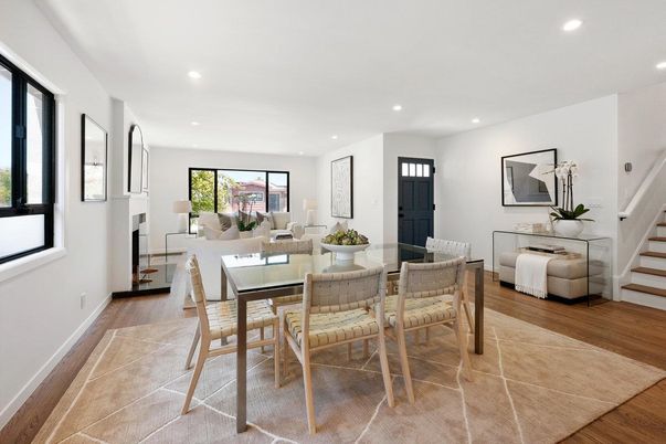 Dining room, Interior, Living room, Recessed Lighting, Wood Texture Flooring