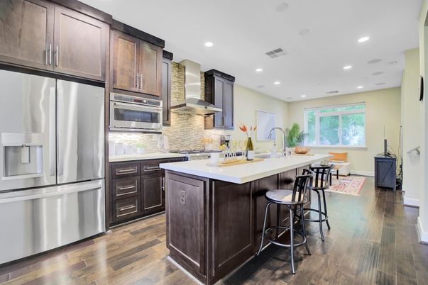 Interior, Kitchen, Recessed Lighting, Stainless Steel Appliances, Wood Texture Flooring