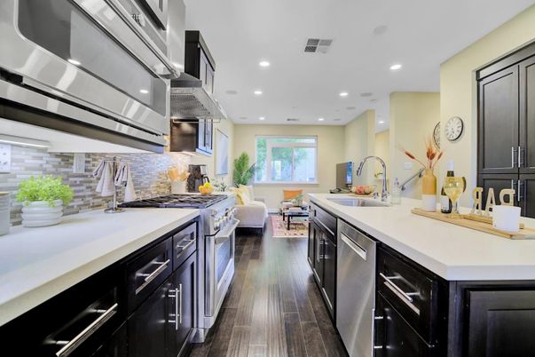 Dining room, Interior, Kitchen, Recessed Lighting, Stainless Steel Appliances, Wood Texture Flooring