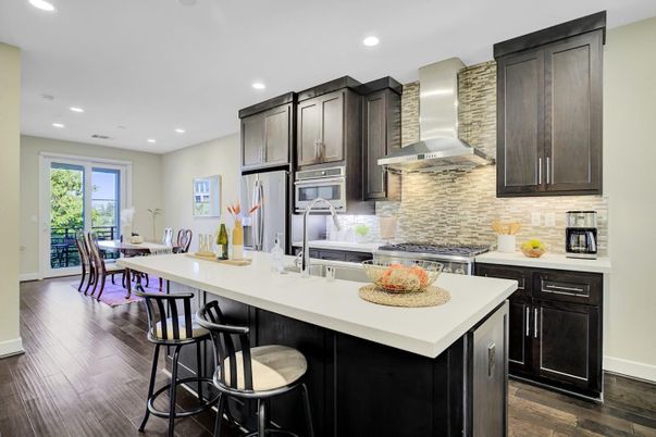 Dining room, Interior, Kitchen, Recessed Lighting, Stainless Steel Appliances, Wood Texture Flooring