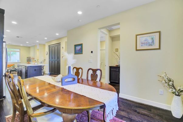 Dining room, Interior, Kitchen, Recessed Lighting, Wood Texture Flooring