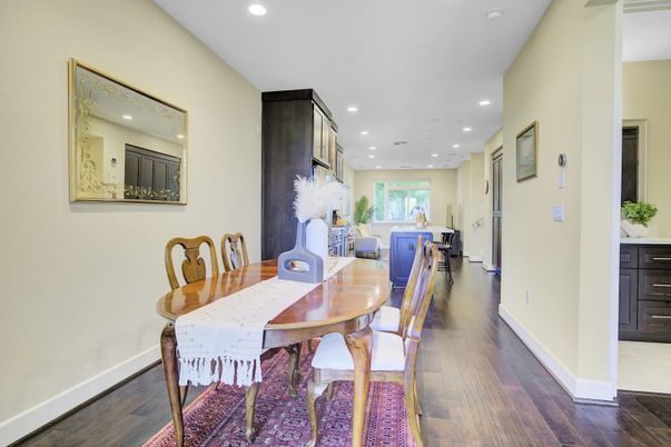 Dining room, Interior, Recessed Lighting, Wood Texture Flooring