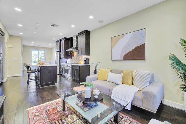 Dining room, Interior, Kitchen, Living room, Recessed Lighting, Stainless Steel Appliances, Wood Texture Flooring