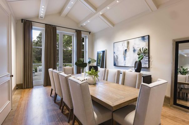 Dining room, Interior, Recessed Lighting, Wood Texture Flooring