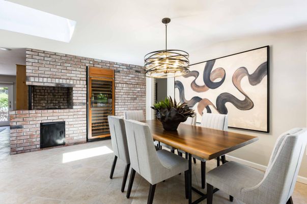 Dining room, Fireplace, Interior, Pendant Lights, Stone Walls