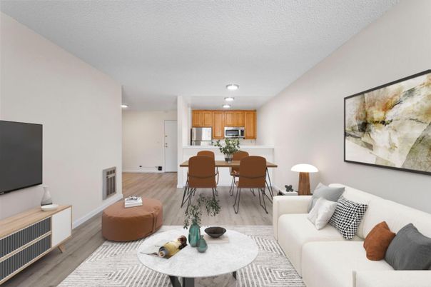 Dining room, Interior, Kitchen, Living room, Recessed Lighting, Stainless Steel Appliances, Wood Texture Flooring