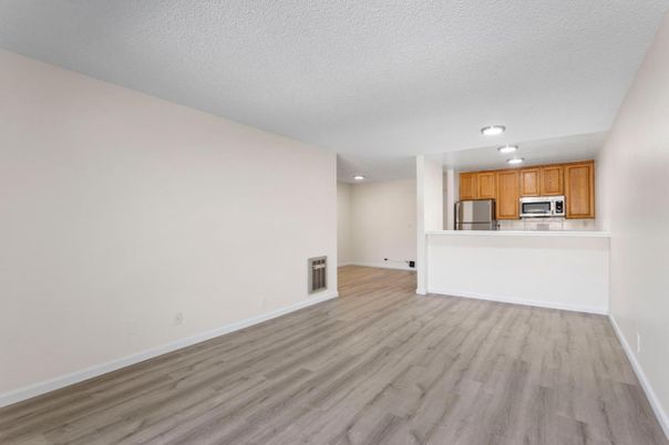 Empty room, Interior, Kitchen, Recessed Lighting, Stainless Steel Appliances, Wood Texture Flooring