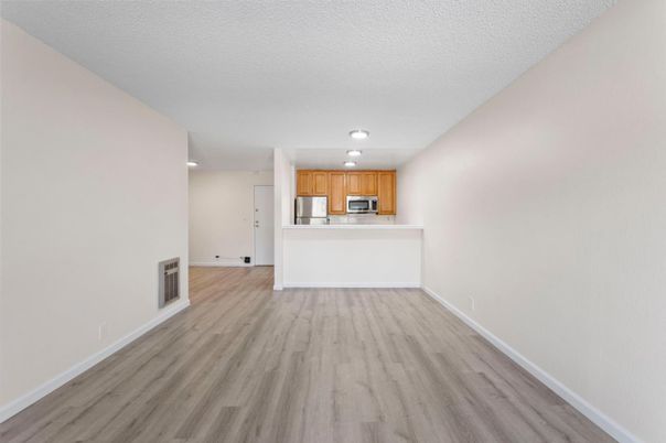 Empty room, Interior, Kitchen, Stainless Steel Appliances, Wood Texture Flooring