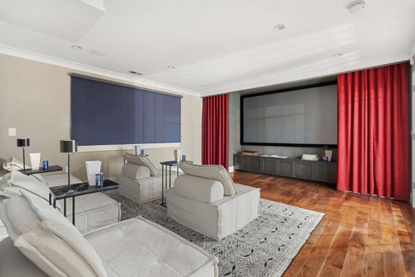 Interior, Living room, Projection Screen, Recessed Lighting, Theatre Room, Wood Texture Flooring
