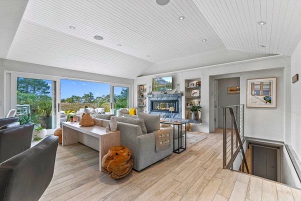 Fireplace, Interior, Living room, Recessed Lighting, Wood Texture Flooring