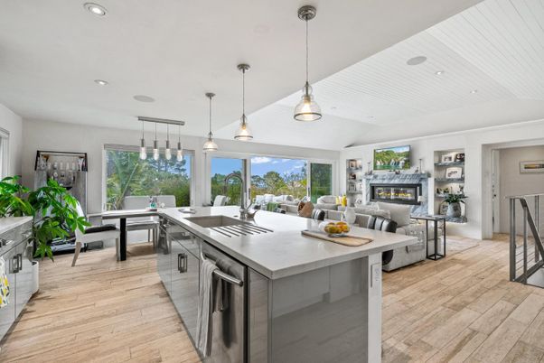 Dining room, Fireplace, Interior, Kitchen, Living room, Pendant Lights, Recessed Lighting, Wood Texture Flooring