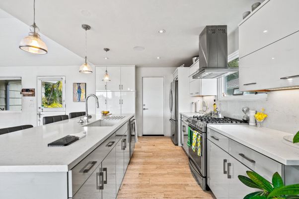 Interior, Kitchen, Pendant Lights, Recessed Lighting, Stainless Steel Appliances, Wood Texture Flooring