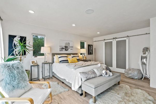 Bedroom, Interior, Recessed Lighting, Wood Texture Flooring