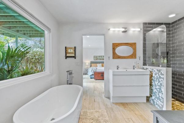 Bathroom, Bedroom, Dual Sink Vanities, Free Standing Baths, Interior, Recessed Lighting, Wood Texture Flooring