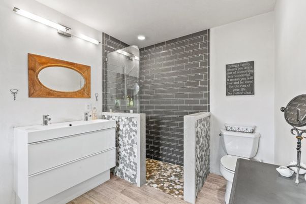 Bathroom, Glass Shower, Interior, Recessed Lighting, Wood Texture Flooring