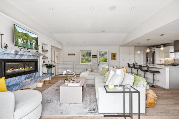 Fireplace, Interior, Kitchen, Living room, Pendant Lights, Recessed Lighting, Wood Texture Flooring