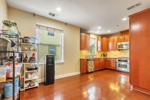 Interior, Kitchen, Recessed Lighting, Stainless Steel Appliances, Wood Texture Flooring