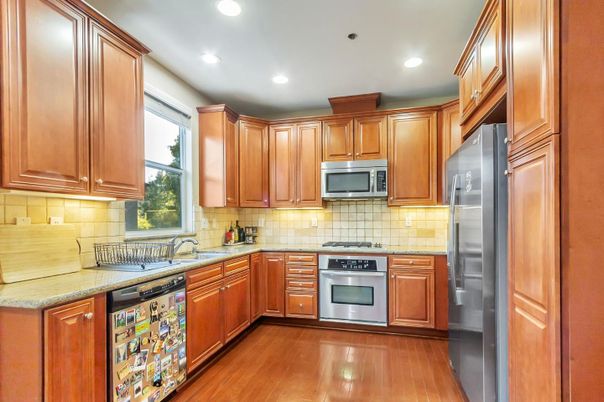 Interior, Kitchen, Recessed Lighting, Stainless Steel Appliances, Wood Texture Flooring