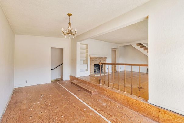Chandelier, Empty room, Fireplace, Interior, Wood Texture Flooring