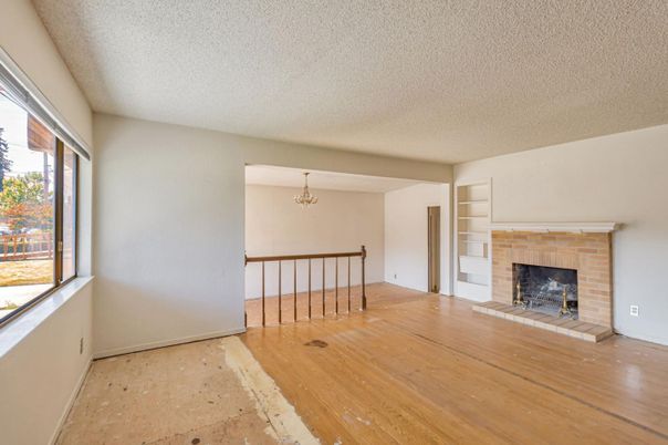 Chandelier, Empty room, Fireplace, Interior, Wood Texture Flooring