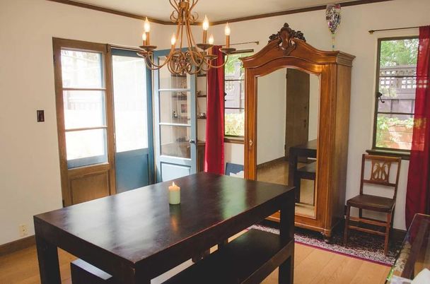 Chandelier, Dining room, Interior, Wood Texture Flooring